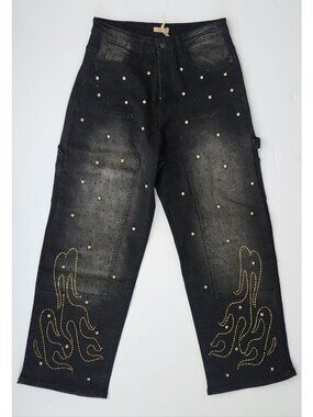 Uncle Ralph Men's Rhinestone Carpenter Wide Leg Relaxed Denim Jeans